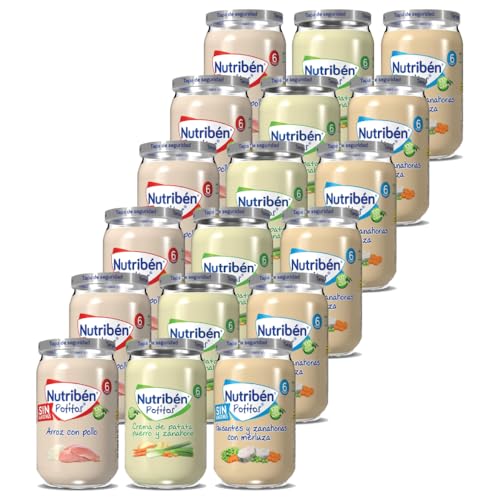 Nutribén Potitos de Arroz con Pollo; Crema de Patatas Puerro y Zanahoria; Guisantes y Zanahoria con Merluza |+ 6 Meses | Sin gluten | Sin almidones | Sin Huevo y Sin Leche | Pack 18 Uds