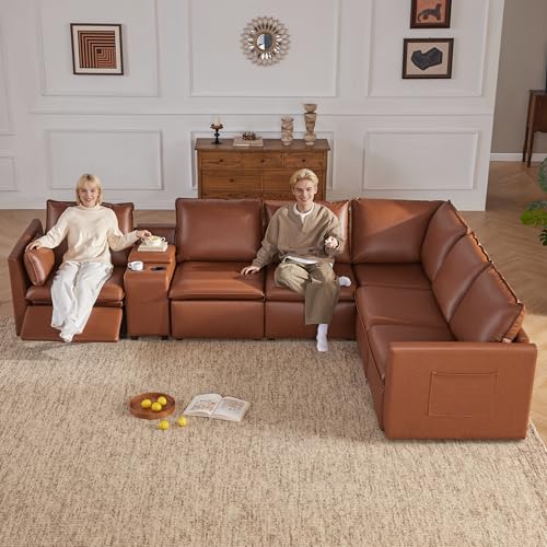 Image of 6-Seater Wall-Hugger Recliner Sectional Couch with Storage Console, Power Reclining Sectional Sofa Set with Cup Holders, Leather Reclining Sectional Couch for Living Room, Brown