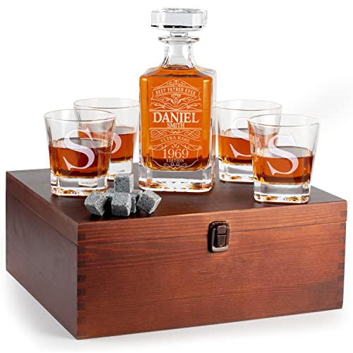 Personalized 5 pc Whiskey Decanter Set - Limited Edition Custom Liquor Decanter - 25 oz, 750ml w/ 4pcs Best Father Ever, Christmas Gifts for Dad, Boss Gifts for Men, Square #2