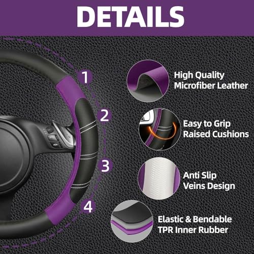 NBTEPEM 10 Pcs Purple Car Floor Mats Full Set & Sport Leather Purple Steering Wheel Cover 14.5-15 inch, Center Console Cover, Seat Belt Cushion, Cup Holder Coaster, Universal Automobile Interior Sets by NBTEPEM - Used condition - Image 2