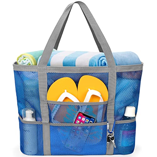 KPX Mesh Beach Bag, Large Beach Tote Bags for Women Foldable Mesh Swimming Pool Bag with Mini Pockets - Sandproof, Waterproof Blue