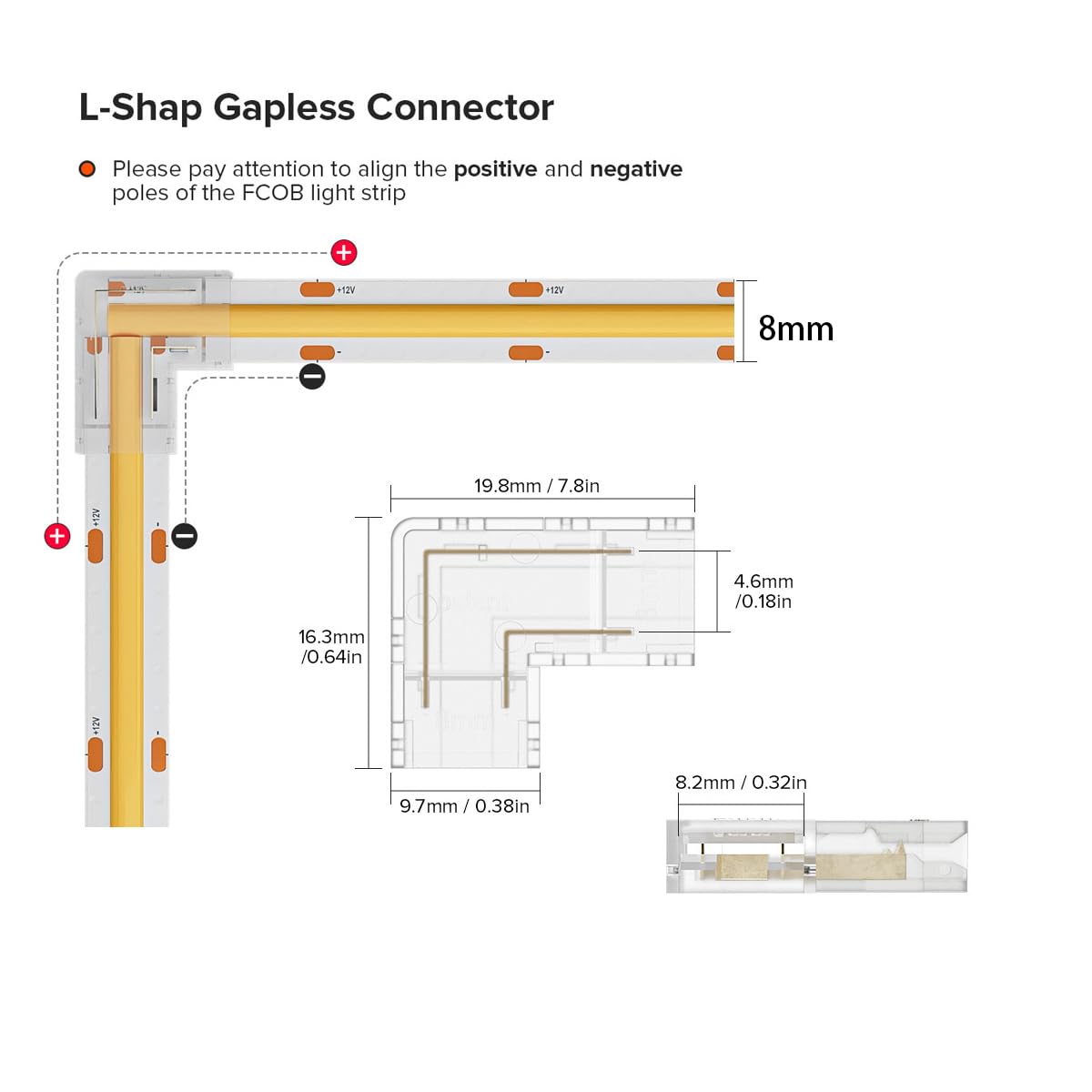 TOKERU 2-Pin 8mm COB LED Strip L-Shape Connectors for Corner Turns Solder-Free Transparent Adapter for 8mm Single-Color COB Strips - Image 3