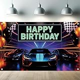 Saoplasa Neon Sports Car Racing Happy Birthday Backdrop Banner Luxury Cars Photography Background Racing Party Decorations Photo Booth Supplies 71x43 Inch