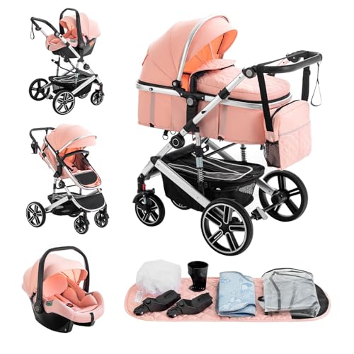 Kakbgee Carrito Bebé 3 en 1, Cochecito Bebe con ECE R129 Asiento de Coche, Cochecito con Mango Ajustable de Altura, Cochecito Carro de Visión alta con Marco de Aluminio (0-4 Años, 22 KG)