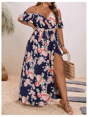Image of Floerns Women's Plus Size Cold Shoulder Short Sleeve Split Thigh Long Dress