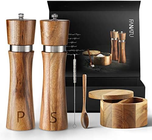 Salt and Pepper Grinder Set - Premium Set Includes Wooden Salt and Pepper Mill, Salt and Pepper Box with Swivel Lid, Spoon & Cleaner Tool - Perfect Salt and Pepper Shakers Gift (5)