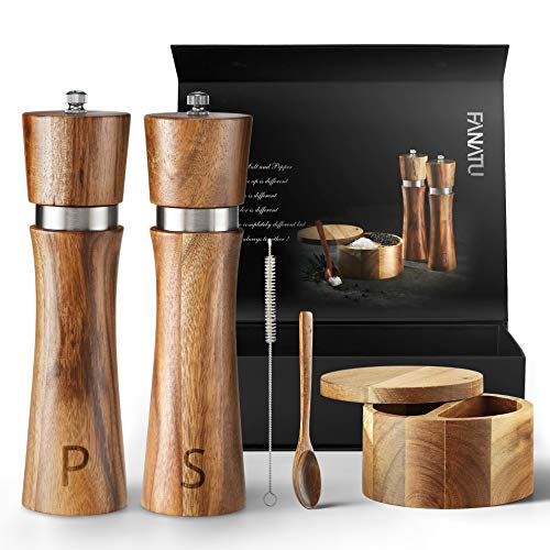 Salt and Pepper Grinder Set - Premium Set Includes Wooden Salt and Pepper Mill, Salt and Pepper Box with Swivel Lid, Spoon & Cleaner Tool - Perfect Salt and Pepper Shakers Gift (5)
