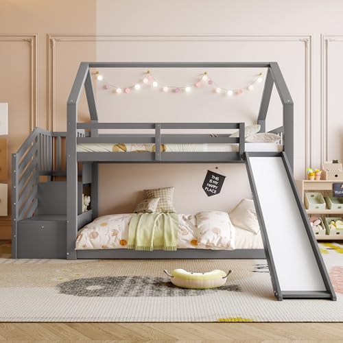 KecDuey Cama apilable de 90x200cm con escalera de almacenamiento y tobogán, cama alta, cama infantil con barandilla, adecuada para niños y adolescentes (Gris)