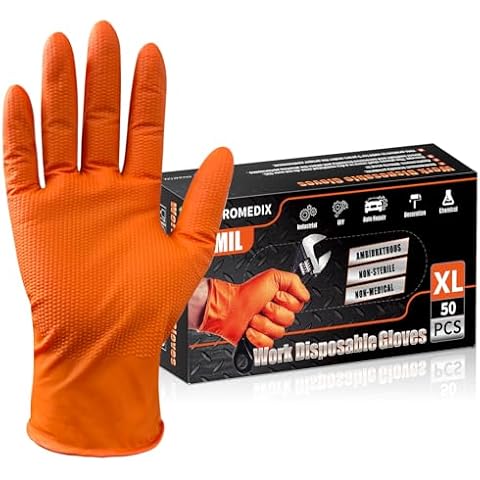 PROMEDIX P Heavy Duty Nitrile Disposable Gloves,8-mil Orange,Raised Diamond Texture Work Gloves，Industrial Work gloves Cover