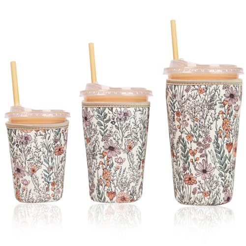 Image of Reusable Insulated Neoprene Iced Coffee Cup Sleeve, Durable Drink Sleeve for Cold Beverages, Beverage Holder for Iced Coffee (Bloom Magic)