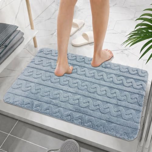 Image of LUXE HOME INTERNATIONAL Microfiber Bath Mat for Bathroom Anti Slip Water Soak Plush Soft Chain Stripe Door Mat for Home Bedroom Washable Floor Rug (40x58cm Blue) Pack of 1