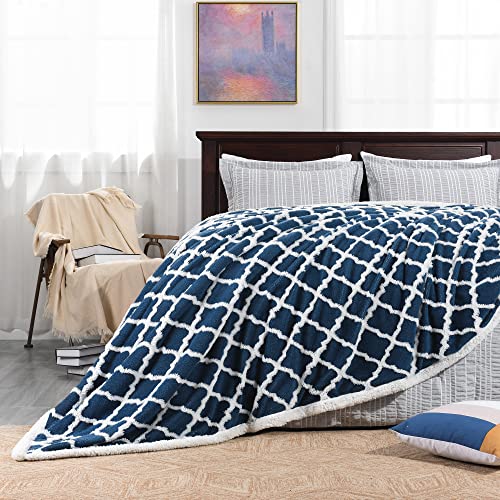 Basic Beyond Fleece Sherpa Throw Blanket - Soft Cozy Navy Blue Throw Blanket With 3D Jacquard Design For Couch,Bed,Travel,Camping,Navy Blue,50"X60" #TOP12