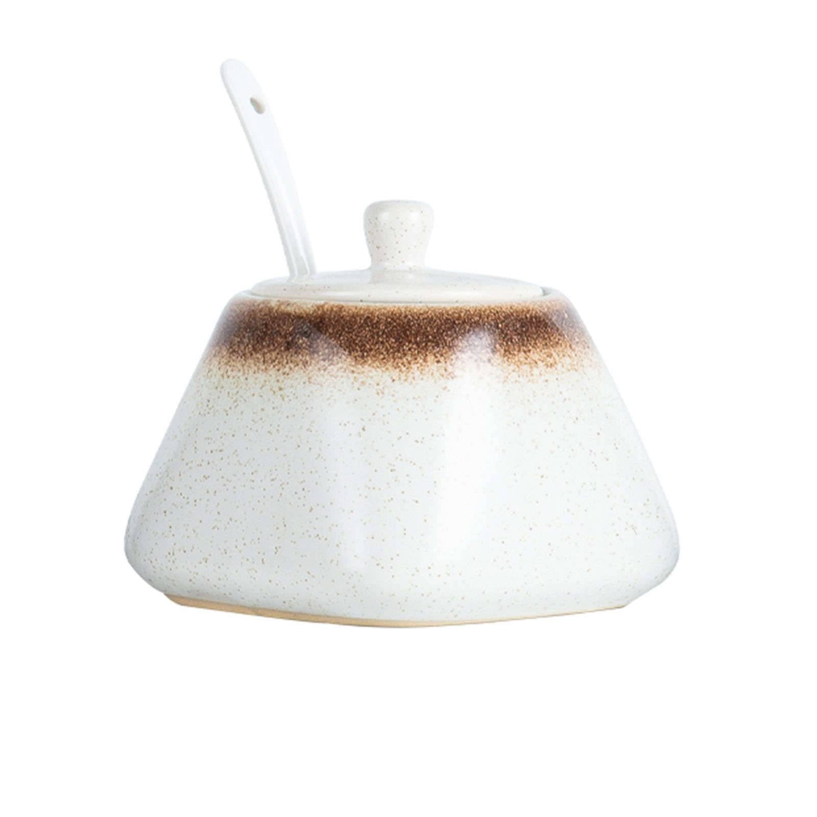 Dark Blue Sugar Bowl with Lid and Spoon, European Style Starry Sky Sugar Pot, Sugar Container Spice Jar with Tray-White-350ml