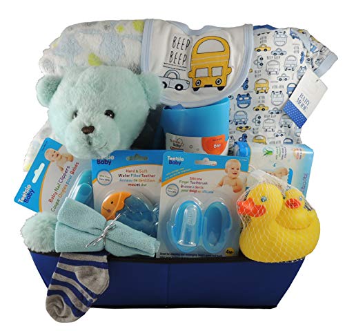Baby Boy Gift Basket: Embossed Fleece Blanket, Cotton Onesie (Bodysuit), Socks and more