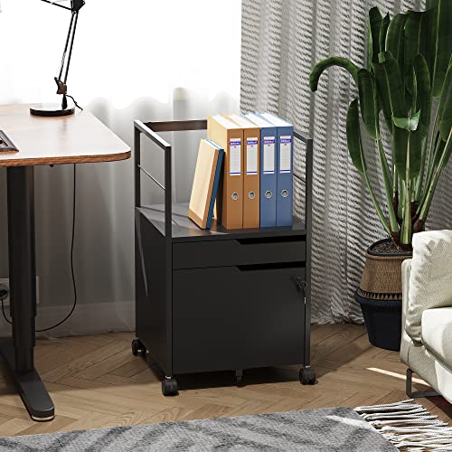 Devaise 2 Drawer Wood File Cabinet, Mobile File Cart With Open Storage Shelf, Vertical Filing Cabinet Fits A4, Letter Or Legal Size For Home Office, Black #TOP1