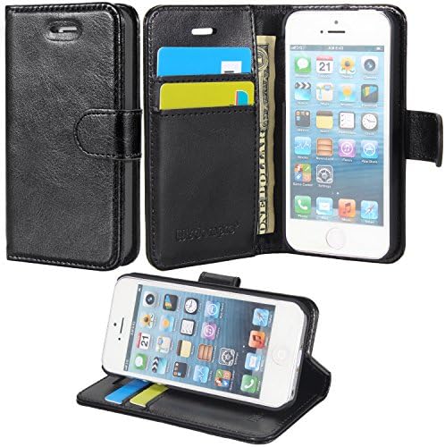 iPhone 5s Case, iPhone SE 2016 Case, Wisdompro Premium PU Leather 2-in-1 Protective Folio Flip Wallet Case with Kickstand and Credit Card Slot for iPhone SE 1st Generation, 5s, 5 (4 inch)- Black