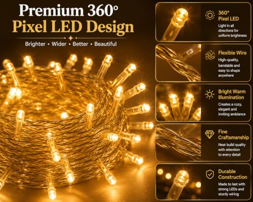 Image of Quace 36 Ft Warm White LED Pixel String Lights for Decoration, 360 Flexible Fairy Lights, Decorative Lights for Diwali, Christmas, Wedding, Bedroom, Balcony & Home Decor, Pack of 10
