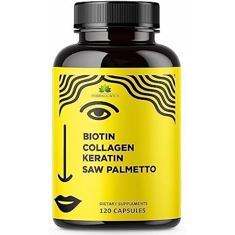 HERBALICIOUS Biotin Vitamins with Collagen, Keratin & Saw Palmetto for Women and Men - Biotin 10000 mcg Hair Skin Nails Supplement for Hair, Skin, and Nails Wellness - Made in USA, 120 Capsules Cover