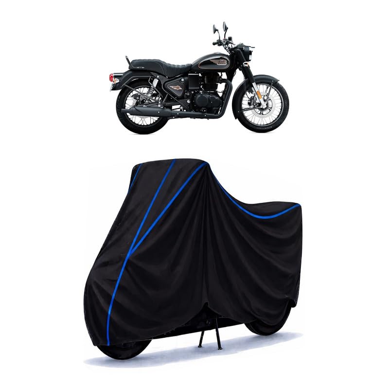 Image of Bullet 350 Top Bike Cover Water Resistant Universal Motorcycle Rain | Heavy Duty UV Protection, Dust, Scratch Indoor Outdoor All Weather with Black Blue Piping Elastic