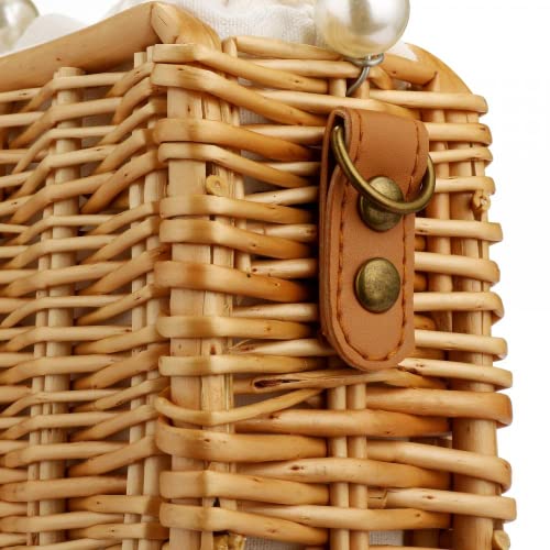 Image of Beach Bag Purse for Women, Natural Hand-woven Rectangular Wicker Handbag, Pearl Basket Purse, Retro Summer Straw Tote Bag
