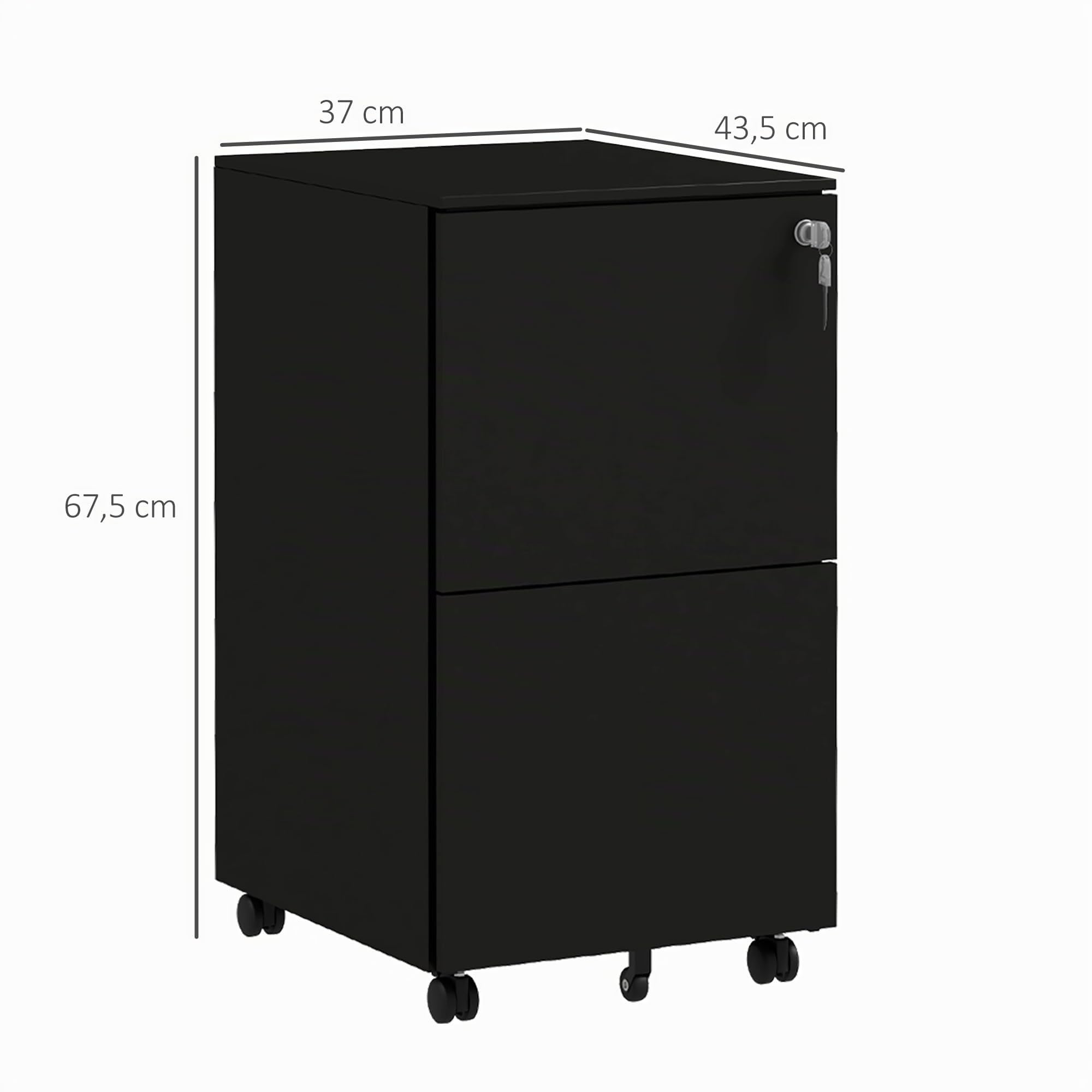 Vinsetto Rollcontainer 2 Schubladen A4 Stahl 37 x 43,5 x 67,5 cm Schwarz | Abschließbarer Büroschrank mit Rollen, Bürocontainer für Akten Dokumente