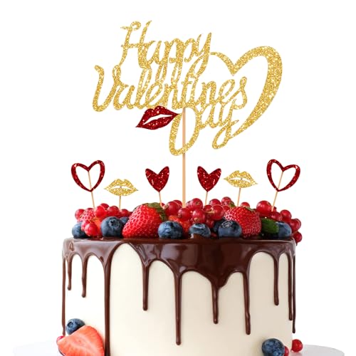 7 piezas de decoración para tartas con purpurina dorada para el día de San Valentín, decoración de tartas para el día de San Valentín, dulce y romántica labio en forma de corazón, accesorios para