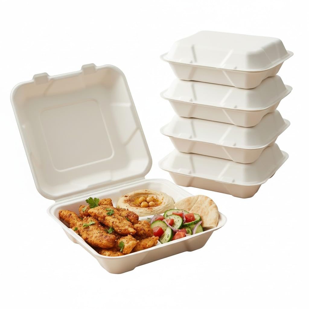 2you 50 x Compostable Meal Boxes 3 Section - Bagasse Takeaway Food Containers Disposable Biodegradable Lunch Trays for Catering, Meal Prep, Food Delivery - 3 Compartment