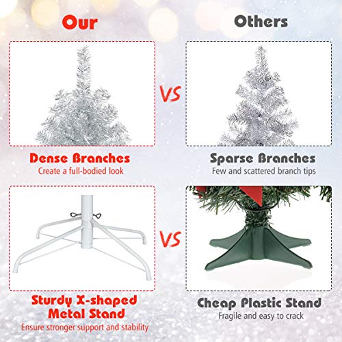 Happygrill 6Ft Silver Christmas Tree Artificial Hinged Tinsel Xmas Tree With Metal Stand, 1036 Branch Tips, Holiday Decoration Tree For Indoor And Outdoor #TOP7
