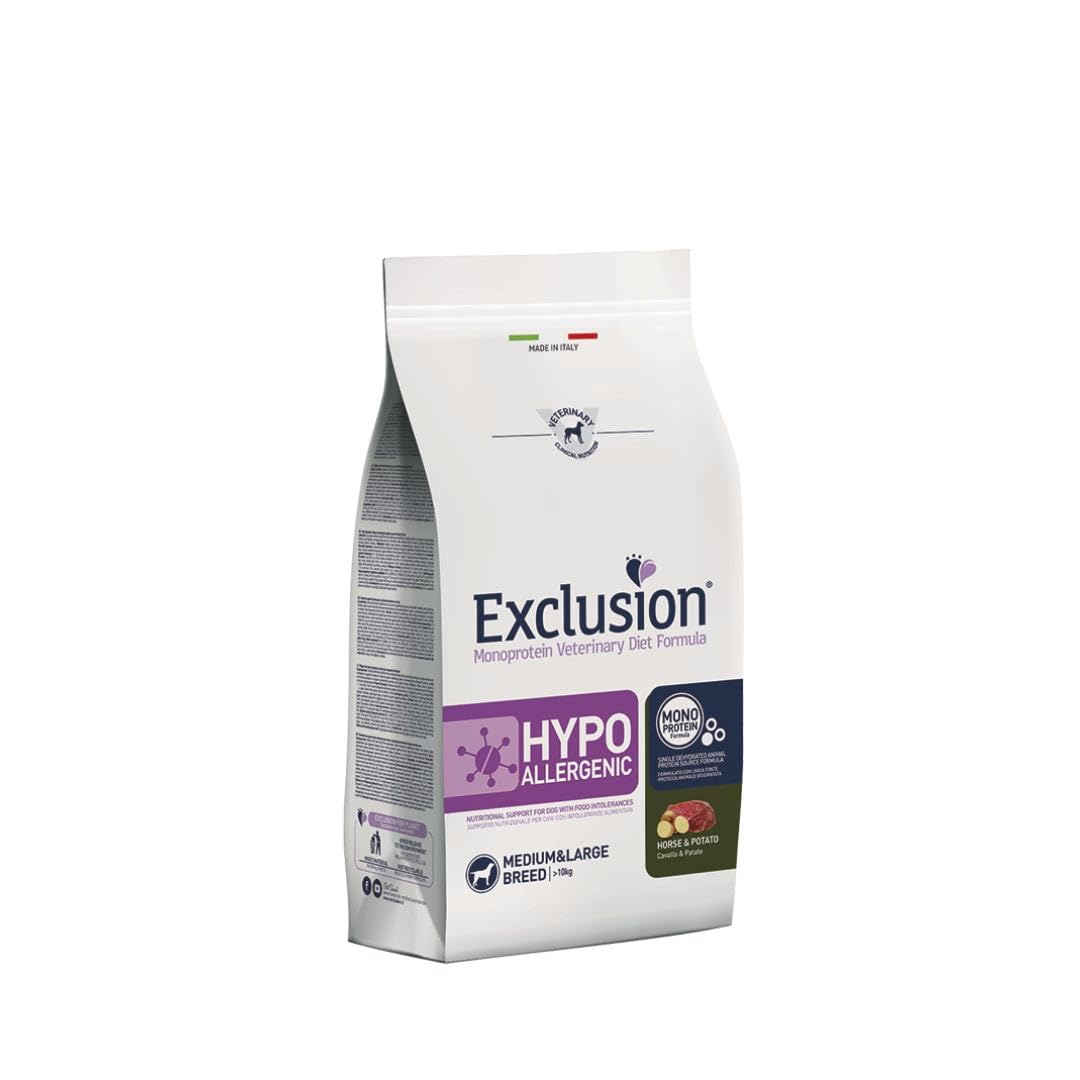 Exclusion Hypoallergenic Medium Adult Caballo y Patatas 2 kg, alimento completo hipoalergénico para perros adultos de talla media con intolerancias alimentarias.