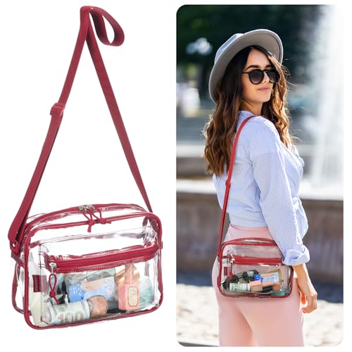 Image of Red Clear Crossbody Bag Stadium Approved，Transparent Messenger Purse concerts see through Pastic with front pocket Adjustable Strap
