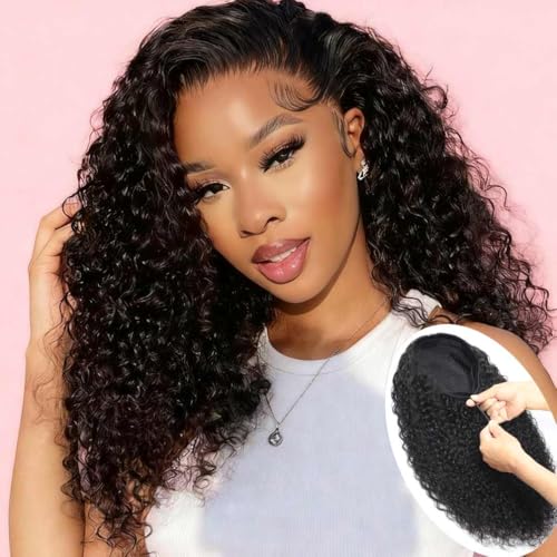 Image of Srakuw Half Wig Human Hair 200 Density Water Wave Wear Go Glueless Wigs Human Hair with Drawstring 3 In 1 Half Wigs for Women Invisible Hairline Beginner Friendly (Half Wig Black Color, 20 Inch)