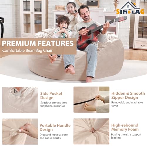 4FT Bean Bag Chair, Large Bean Bag Chairs with Memory Foam Filled, Fluffy Beanbag Sofa with Dutch Velvet Cover, Round BeanBag Chairs for Living Room, Playroom - Beige