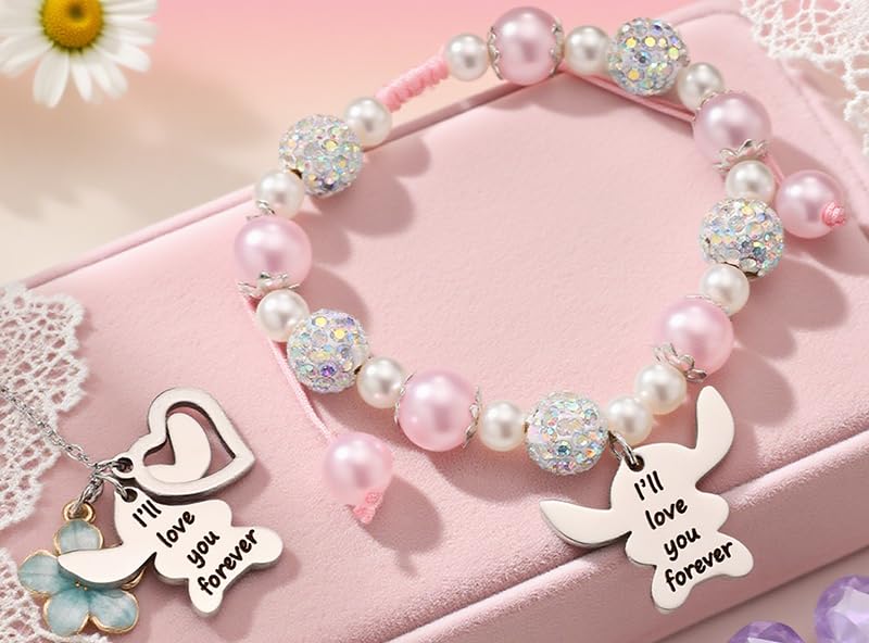 Image of Cute Bracelets Necklace Jewelry Set for 2 Pink Pearl Bracelets Beautiful Gift,Birthday Christmas for Women