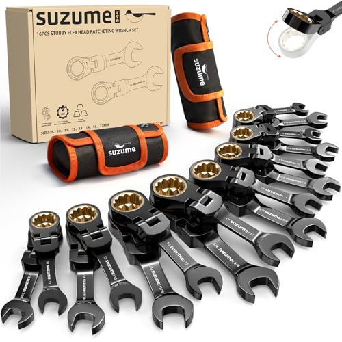 SUZUME Stubby Wrenches Set 16PCS Metric (8-17mm) & SAE (5/16 - 3/4)