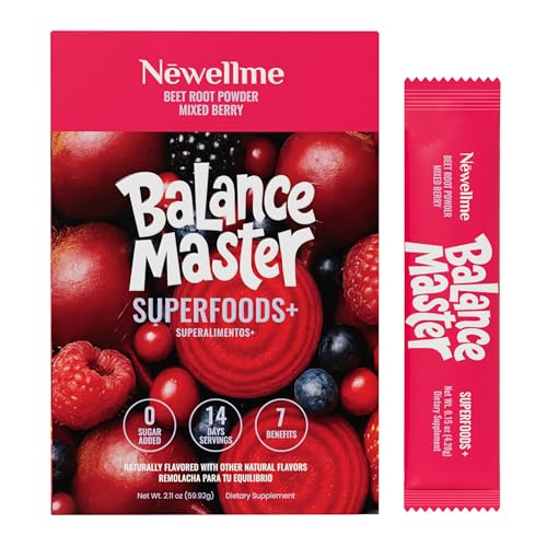 NEWELLME Balance Master Super Reds Powder Stick Packs Beet Root Drink Mix with Prebiotic Fiber Probiotics & Enzymes Nitric Oxide Support 0 Sugar Added Mixed Berry 14 Count