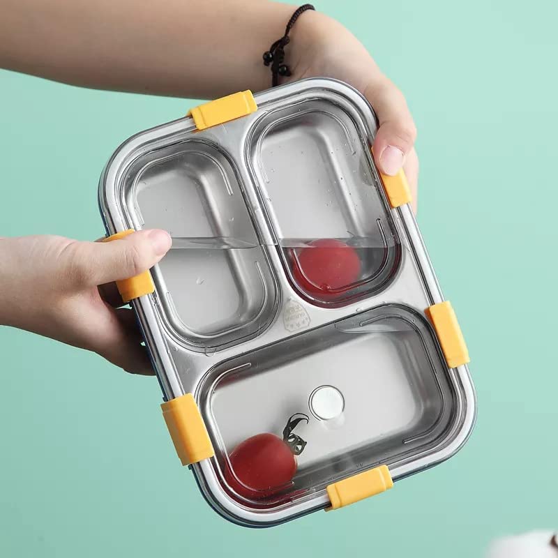 Image of Techno Buzz Deal Stainless Steel Bento Lunch Box, 3 Compartments, with Spoon, Fork and Chopsticks (Multi Color)