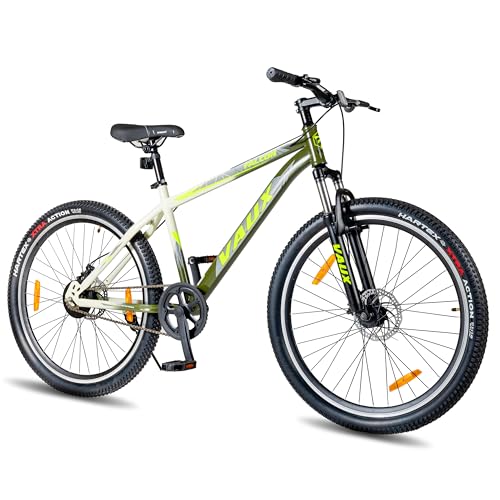 Image of Vaux Falcon MTB Cycle for Men 27.5T with Double Disc Brakes & Front Suspension, 27.5 inch Single Speed Mountain Bicycle for Adults with 17 inch Steel Frame, Double Alloy Rims & Nylon Tyres(Army-Green)