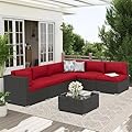Oakcloud 7-Piece Outdoor Patio Furniture Sofa Set Black Rattan Wicker Sectional Conversation Sets with Glass Top Table and Cushions(Red)