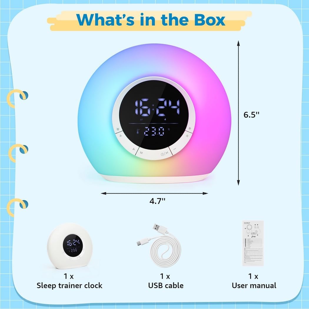 Children’S Sleep Training Clock with RGB Lights, Adjustable Wake-Up Light and Speaker