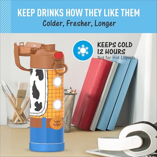 Image of THERMOS FUNTAINER 16 Ounce Stainless Steel Vacuum Insulated Bottle with Wide Spout Lid, Toy Story Woody