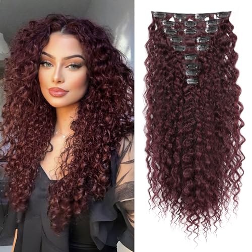 FLUFYMOOZ 9 extensiones de cabello rizado de 56 cm con clip, extensiones de cabello sintético largo y suave para mujer (bungunry)