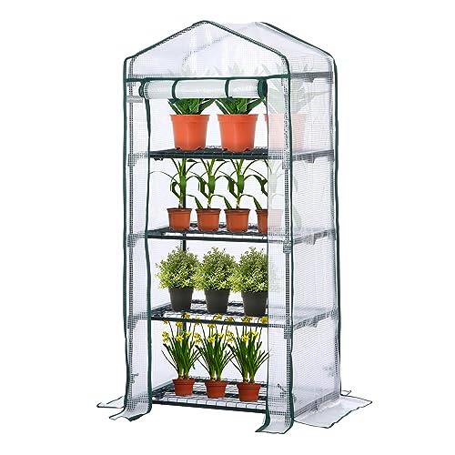 JUNGLE STONE Mini Greenhouse – 4 Tier, Waterproof Reinforced PE Plastic Cover, Roll up Double Zipper Door, Sturdy Steel Frame for Garden, Outdoor & Indoor –No Tool Easy Assembly, Clear