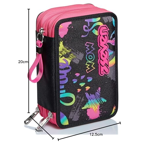 Seven Mäppchen, Mehrfarbig, Federtasche für Schreibwaren, Etui mit Stiften, Kugelschreiber, & mehr, 3 Fächer, Mädchen & Jungen, Schule - Grundschule, XXL Iridescent rosa/schwarz Sterne