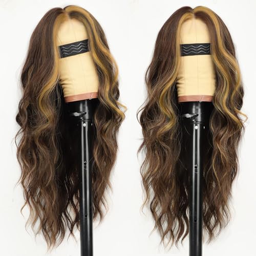 Image of AISI HAIR Chocolate Brown with Caramel Highlights Wig for Women, Long Wavy Lace Hairline Middle Part Synthetic Heat Resistant Wig for Daily Party-26 Inch