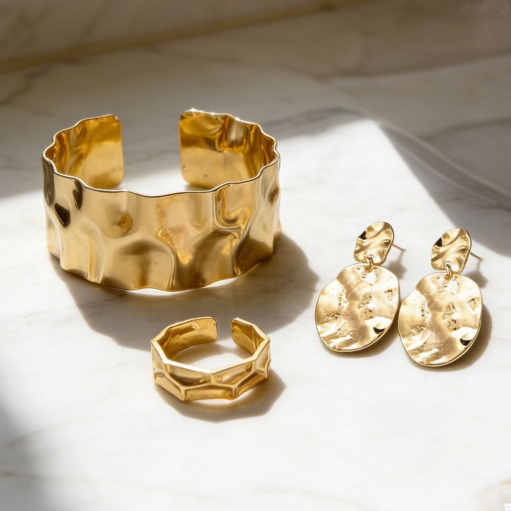 Joyas Mujer 3 Piezas Brazalete Anillo y Pendientes Ovalados Textura Metálica Irregular 18K Chapado para Uso Diario y Eventos (Dorado)