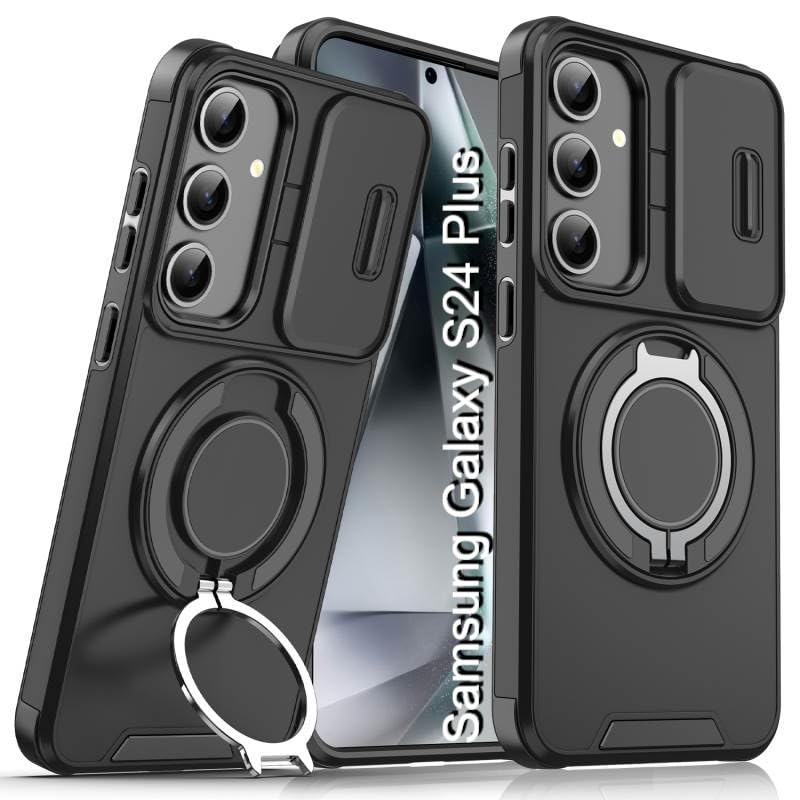 Image of LuxuryKase Shockproof Rugged Case for Samsung Galaxy S24 Plus | Slide Camera Cover | 360 Rotating Ring Kickstand | Military-Grade Protection - Matte Black