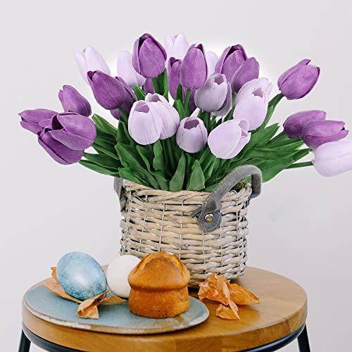 30Pcs Artificial Tulips Flowers Fake Latex Tulip Stems - Real Touch Faux Lavender Purple Tulips Flower For Easter Spring Wedding Bouquet Centerpiece Floral Arrangement Wedding Cemetery Table Decor #TOP2