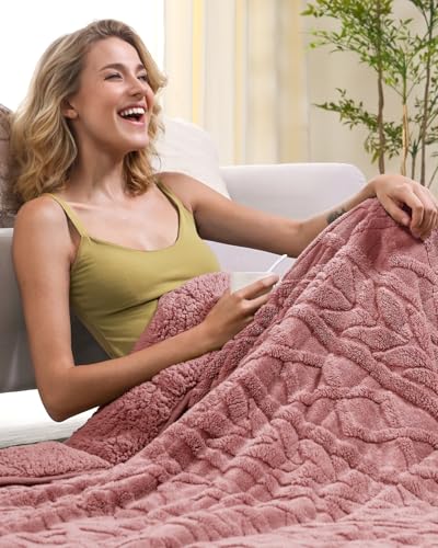 Image of Cottonblue Jacquard Weighted Blanket 15 lbs for Adults Twin Size, Ultra Soft Sherpa Fleece Blanket for Relax and Sleep, Cozy Comfort Heavy Bed Blankets with Glass Beads, 48x72 Inches, Apricot Pink