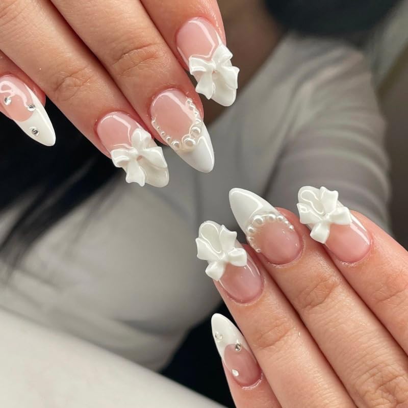 White French Tip Press on Nails Medium Almond Fake Nails Bow Fals...