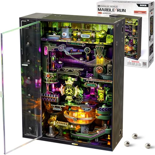 ROKR Marble Run 3D Plastic Puzzle The Alchemy City Model Kits For Adults with Sound Activation To Build Cyberpunk Steampunk Gaming Desk Setup Gift Idea-Parallel World MR04S